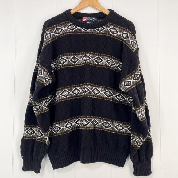 VTG CHAPS Ralph Lauren Chunky Sweater Crewneck Western Aztec USA Made Size Large - Picture 1 of 16